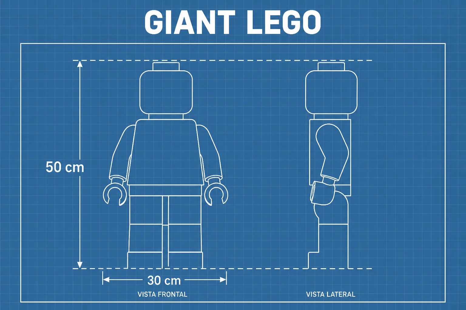 Esquema técnico del Giant Lego: vista frontal y lateral, 50 cm de alto por 30 de ancho